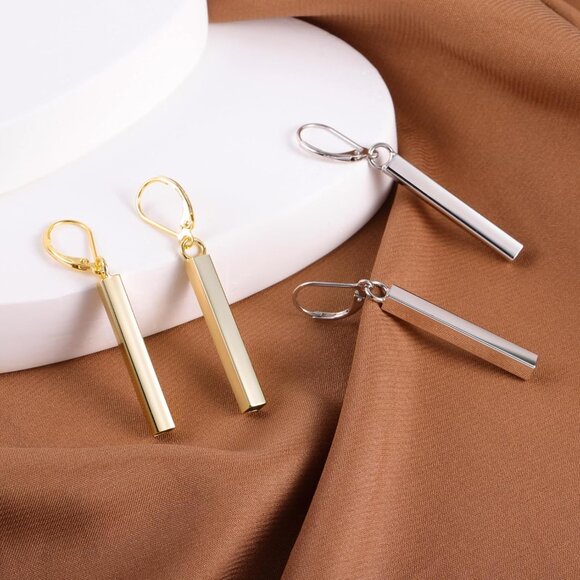 925 Sterling Silver Bar Dangle Drop Earrings for Women, 14K Gold French Style Le - Picture 8 of 8
